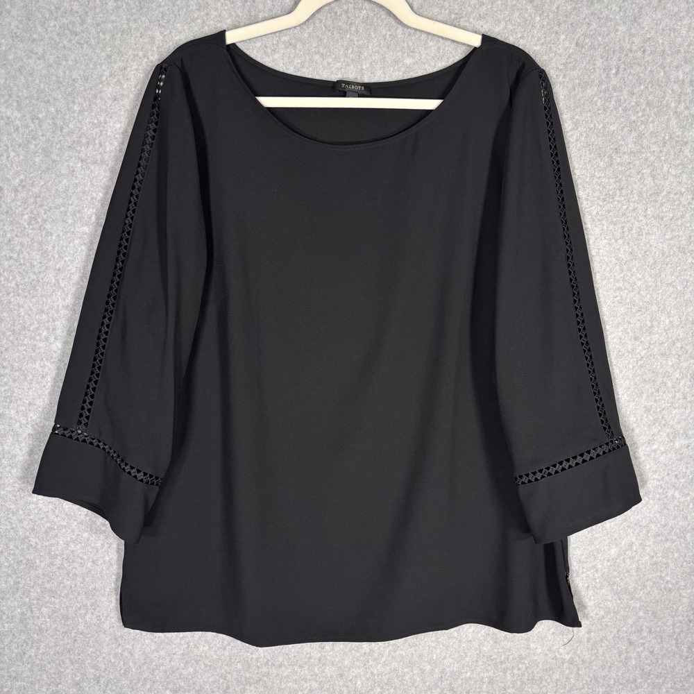 Talbots Lattice Crochet Trim Blouse XL Black Lagenlook Popover Minimalist Boho